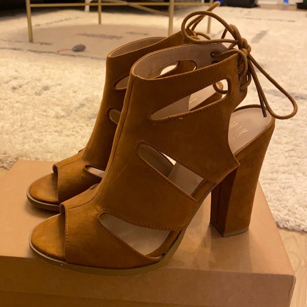 Mix No. 6 Tan Suede Cutout Lace-Up Block Heel Sandals